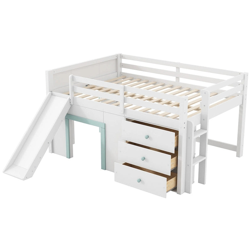 Lit bas mezzanine pleine grandeur avec toboggan intégré, cadre de lit en bois massif avec 3 tiroirs de rangement et 2 portes pour chambre d'enfants garçons et filles