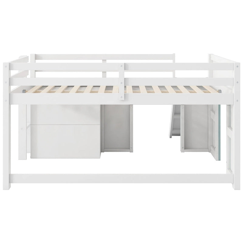 Lit bas mezzanine pleine grandeur avec toboggan intégré, cadre de lit en bois massif avec 3 tiroirs de rangement et 2 portes pour chambre d'enfants garçons et filles
