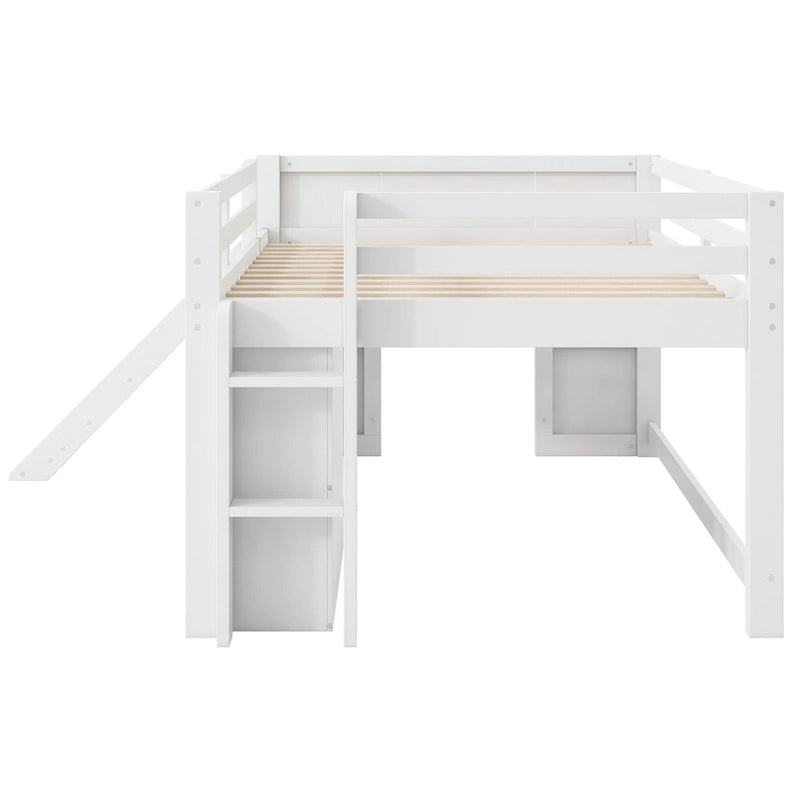 Lit bas mezzanine pleine grandeur avec toboggan intégré, cadre de lit en bois massif avec 3 tiroirs de rangement et 2 portes pour chambre d'enfants garçons et filles