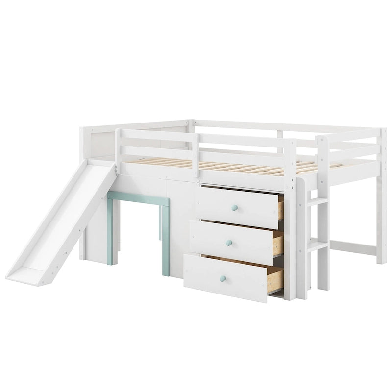 Lit bas mezzanine pleine grandeur avec toboggan intégré, cadre de lit en bois massif avec 3 tiroirs de rangement et 2 portes pour chambre d'enfants garçons et filles