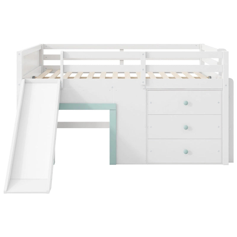 Lit bas mezzanine pleine grandeur avec toboggan intégré, cadre de lit en bois massif avec 3 tiroirs de rangement et 2 portes pour chambre d'enfants garçons et filles