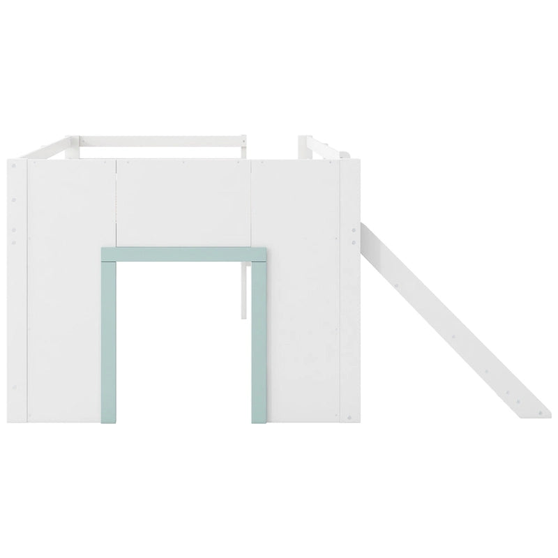 Lit bas mezzanine pleine grandeur avec toboggan intégré, cadre de lit en bois massif avec 3 tiroirs de rangement et 2 portes pour chambre d'enfants garçons et filles