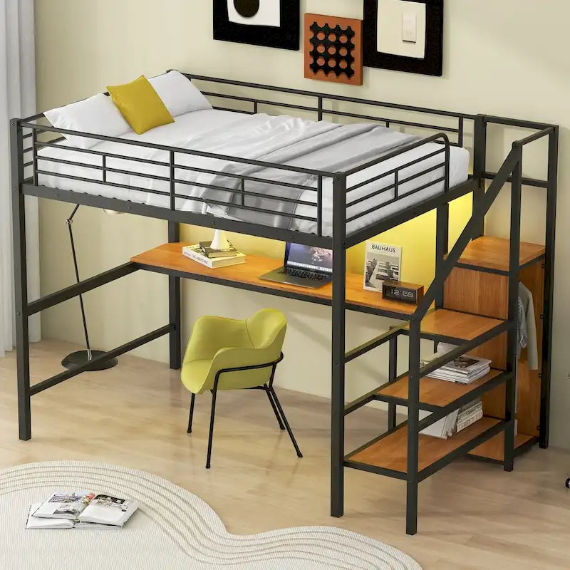Lit mezzanine en métal pleine grandeur avec bureau et petite armoire, lit mezzanine LED peu encombrant avec cadre robuste et escalier de rangement