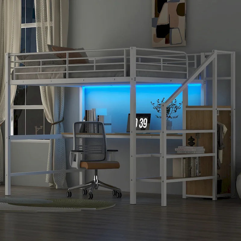 Lit mezzanine en métal pleine grandeur avec bureau et petite armoire, lit mezzanine LED peu encombrant avec cadre robuste et escalier de rangement