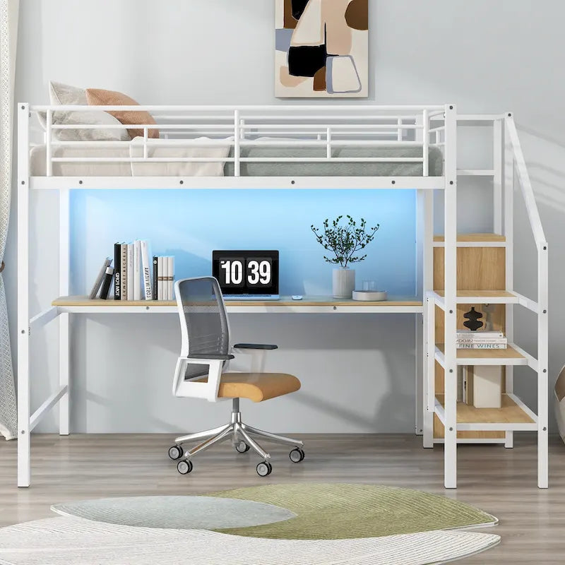 Lit mezzanine en métal pleine grandeur avec bureau et petite armoire, lit mezzanine LED peu encombrant avec cadre robuste et escalier de rangement