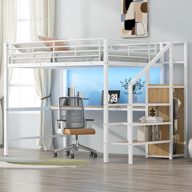 Lit mezzanine en métal pleine grandeur avec bureau et petite armoire, lit mezzanine LED peu encombrant avec cadre robuste et escalier de rangement