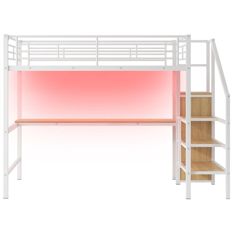 Lit mezzanine en métal pleine grandeur avec bureau et petite armoire, lit mezzanine LED peu encombrant avec cadre robuste et escalier de rangement
