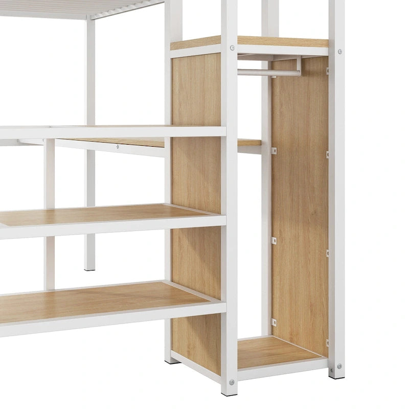 Lit mezzanine en métal pleine grandeur avec bureau et petite armoire, lit mezzanine LED peu encombrant avec cadre robuste et escalier de rangement