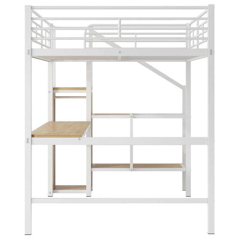 Lit mezzanine en métal pleine grandeur avec bureau et petite armoire, lit mezzanine LED peu encombrant avec cadre robuste et escalier de rangement