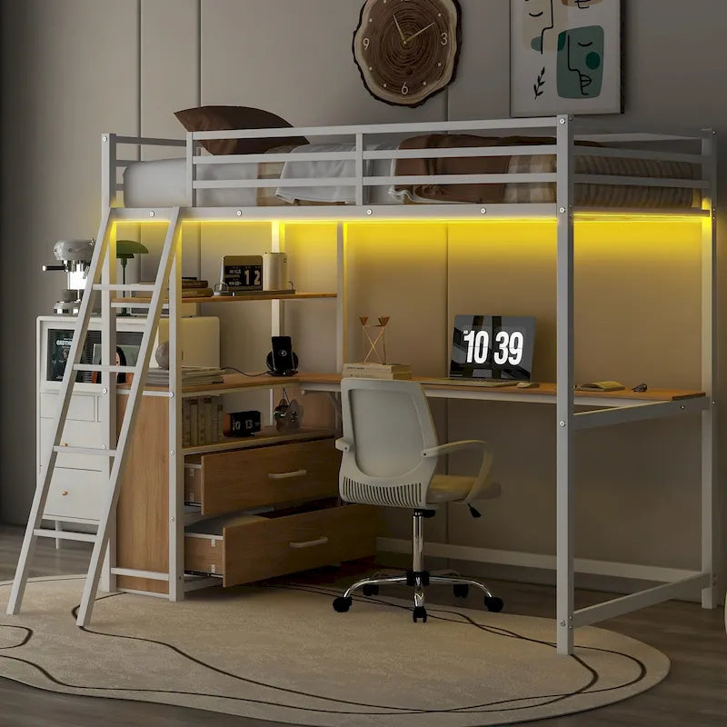 Lit mezzanine double en métal et bois avec bureau, étagères, lumière LED et chargement USB