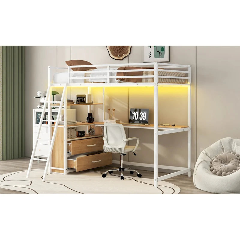 Lit mezzanine double en métal et bois avec bureau, étagères, lumière LED et chargement USB