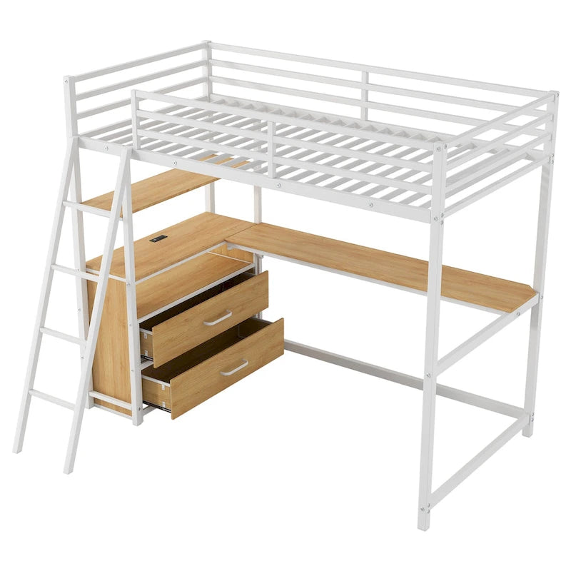 Lit mezzanine double en métal et bois avec bureau, étagères, lumière LED et chargement USB