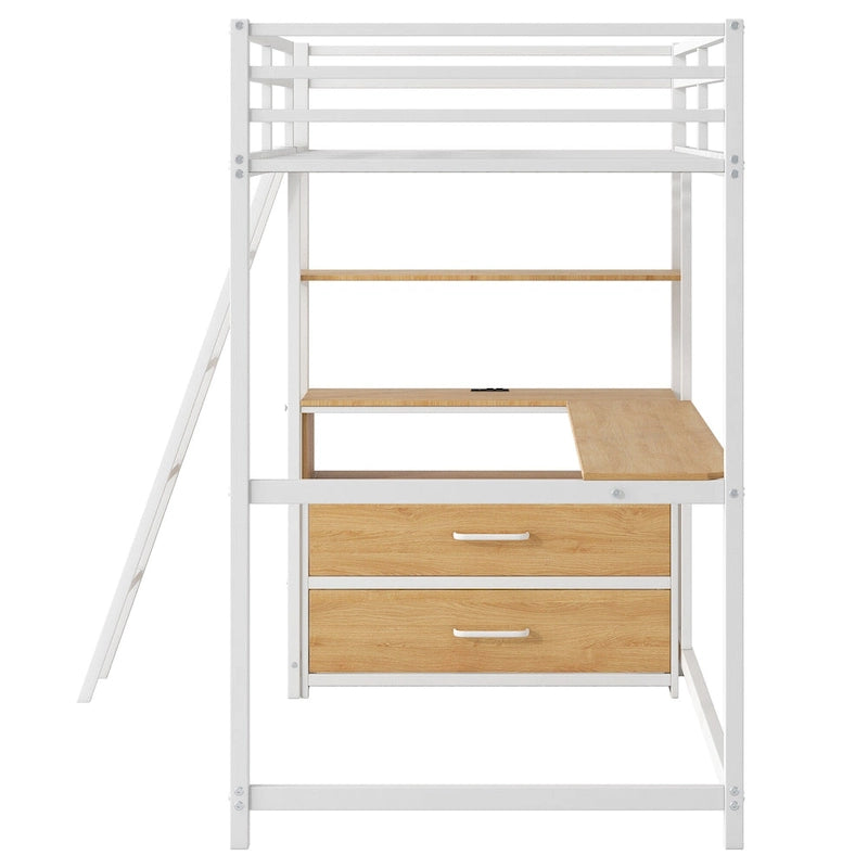 Lit mezzanine double en métal et bois avec bureau, étagères, lumière LED et chargement USB
