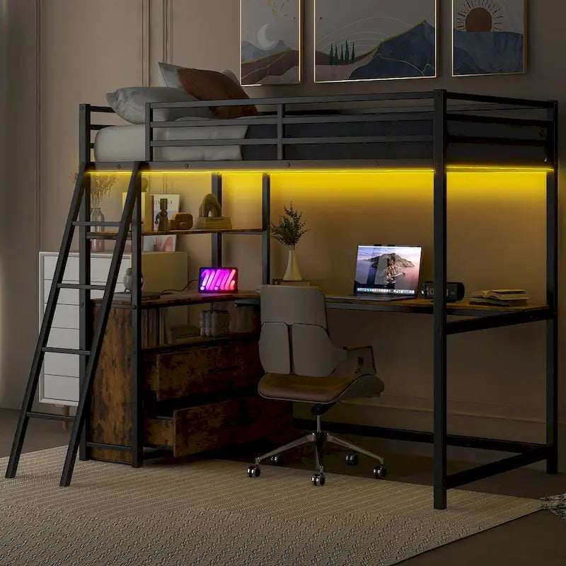 Lit mezzanine double en métal et bois avec bureau, étagères, lumière LED et chargement USB