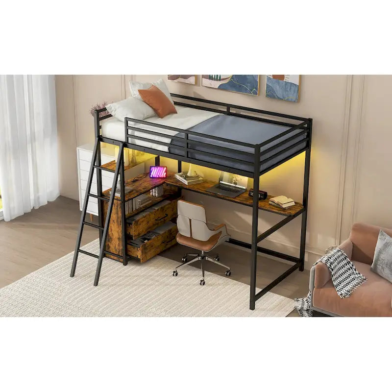 Lit mezzanine double en métal et bois avec bureau, étagères, lumière LED et chargement USB