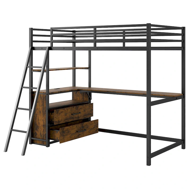 Lit mezzanine double en métal et bois avec bureau, étagères, lumière LED et chargement USB