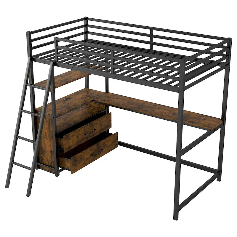 Lit mezzanine double en métal et bois avec bureau, étagères, lumière LED et chargement USB