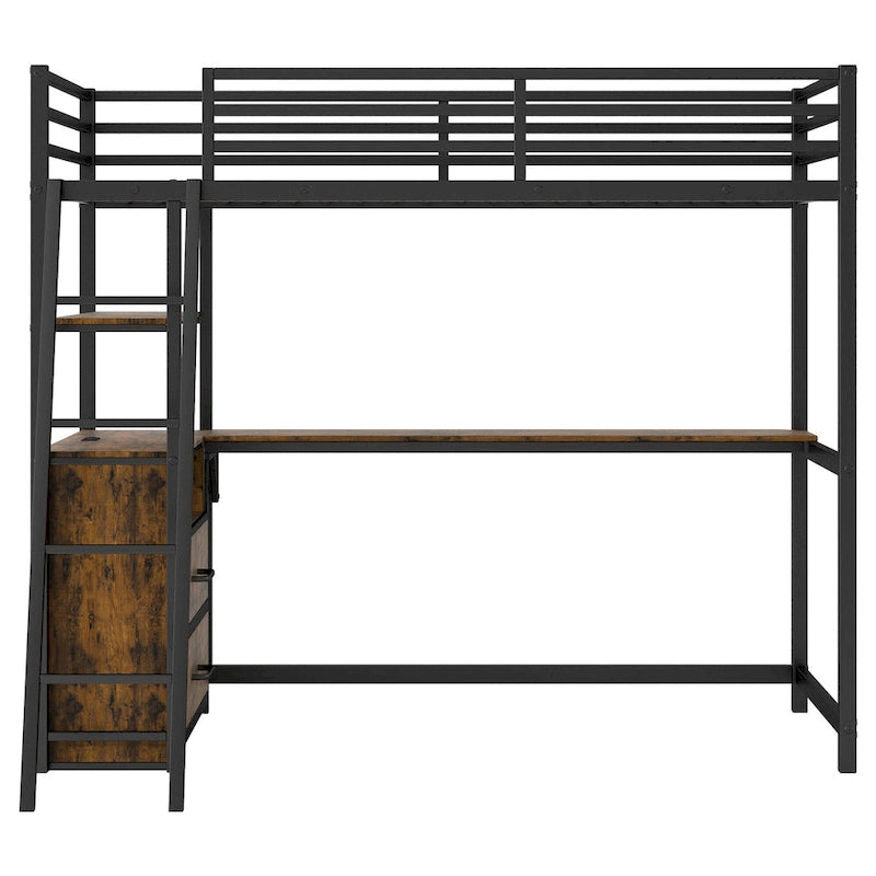 Lit mezzanine double en métal et bois avec bureau, étagères, lumière LED et chargement USB