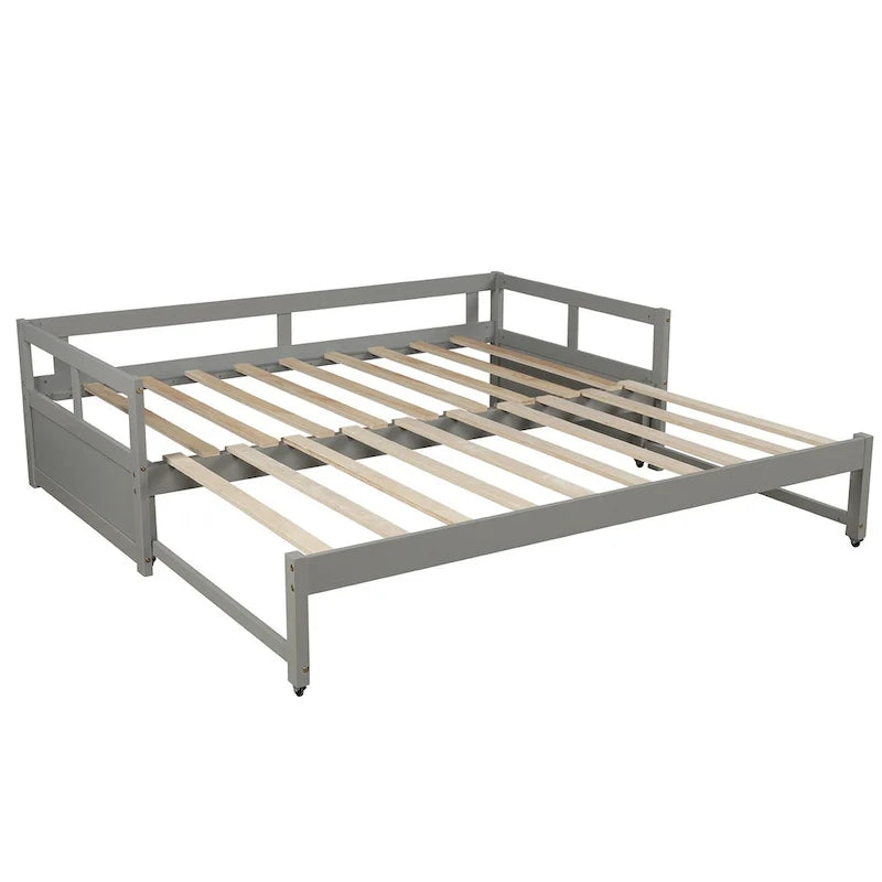 Lit de repos jumeau extensible gris en pin avec tiroir-lit - Cadre robuste et sommier à lattes inclus