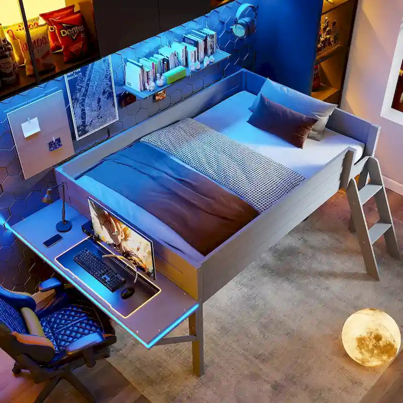 Lit mezzanine de jeu en bois pleine grandeur avec bureau à LED et rangement (capacité de 181 kg)