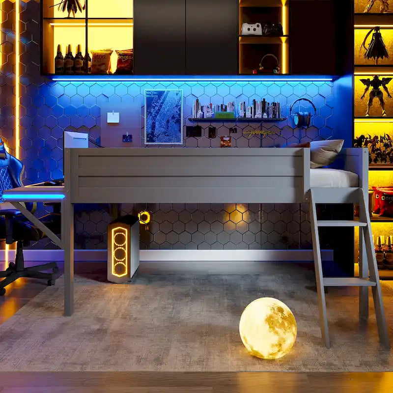 Lit mezzanine de jeu en bois pleine grandeur avec bureau à LED et rangement (capacité de 181 kg)