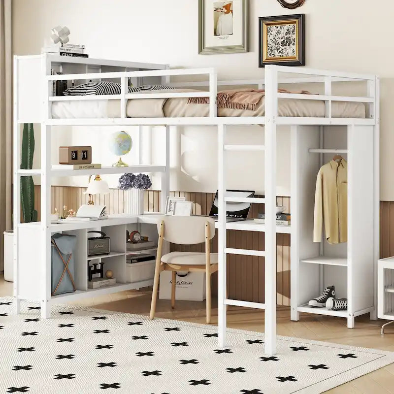 Lit mezzanine en métal pleine taille avec armoire et bureau en L, casiers de rangement et étagères pour enfants, adolescents et adultes