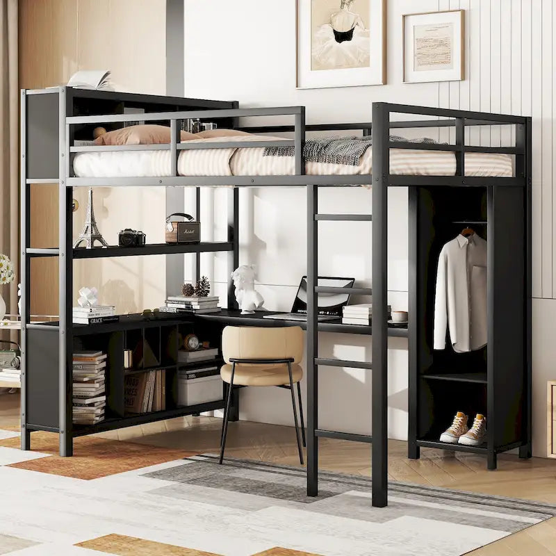 Lit mezzanine en métal pleine taille avec armoire et bureau en L, casiers de rangement et étagères pour enfants, adolescents et adultes