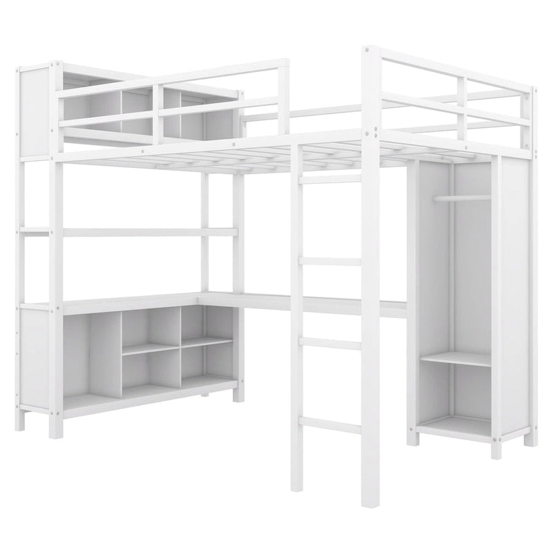 Lit mezzanine en métal pleine taille avec armoire et bureau en L, casiers de rangement et étagères pour enfants, adolescents et adultes