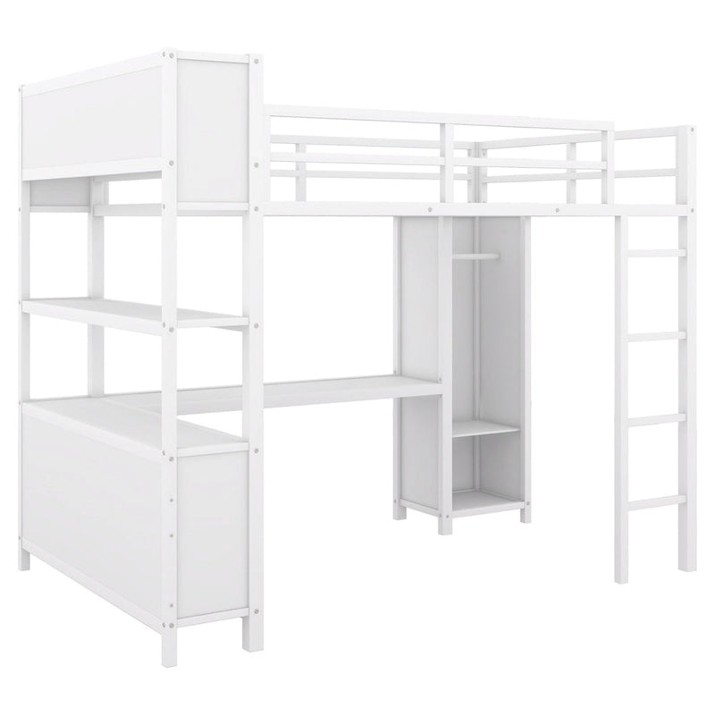 Lit mezzanine en métal pleine taille avec armoire et bureau en L, casiers de rangement et étagères pour enfants, adolescents et adultes