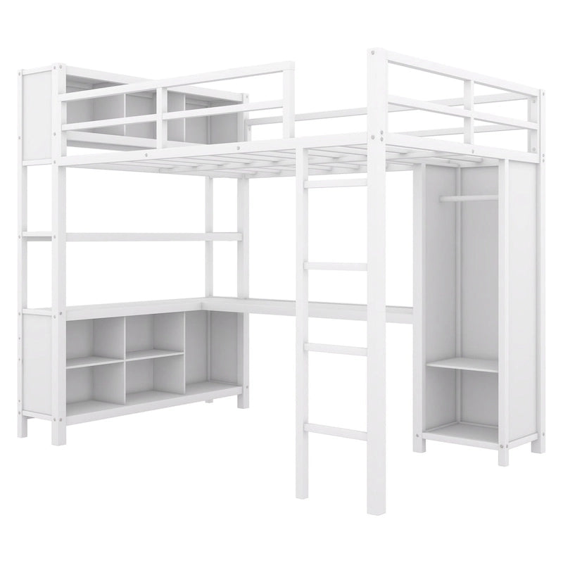 Lit mezzanine en métal pleine taille avec armoire et bureau en L, casiers de rangement et étagères pour enfants, adolescents et adultes