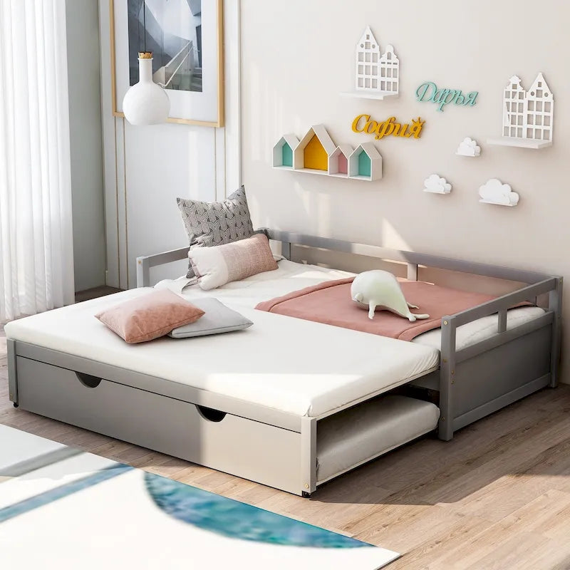 Lit de repos jumeau en bois de pin gris avec tiroir-lit et kit de lattes - Design élégant