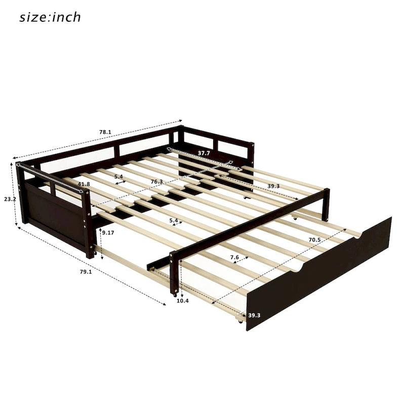 Lit de repos double en pin noir avec lit gigogne et kit de lattes - Design élégant