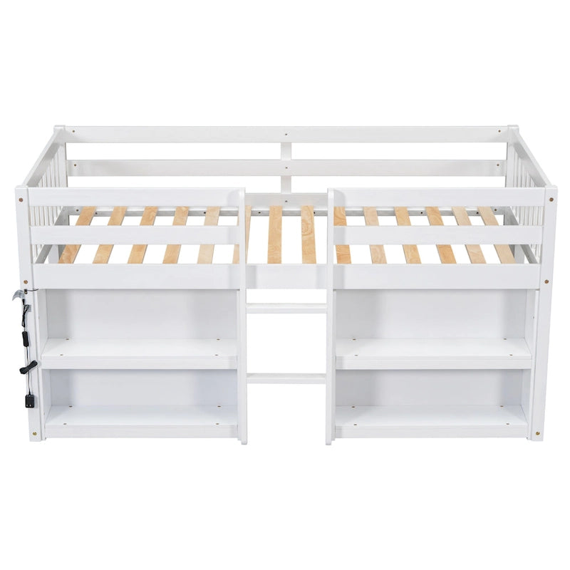 Lit bas en bois pour jumeaux avec étagères à deux niveaux et LED