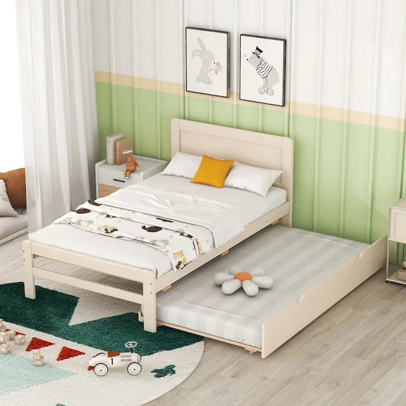 Lit plateforme double blanc en bois massif avec lit gigogne et tête de lit moderne en bois
