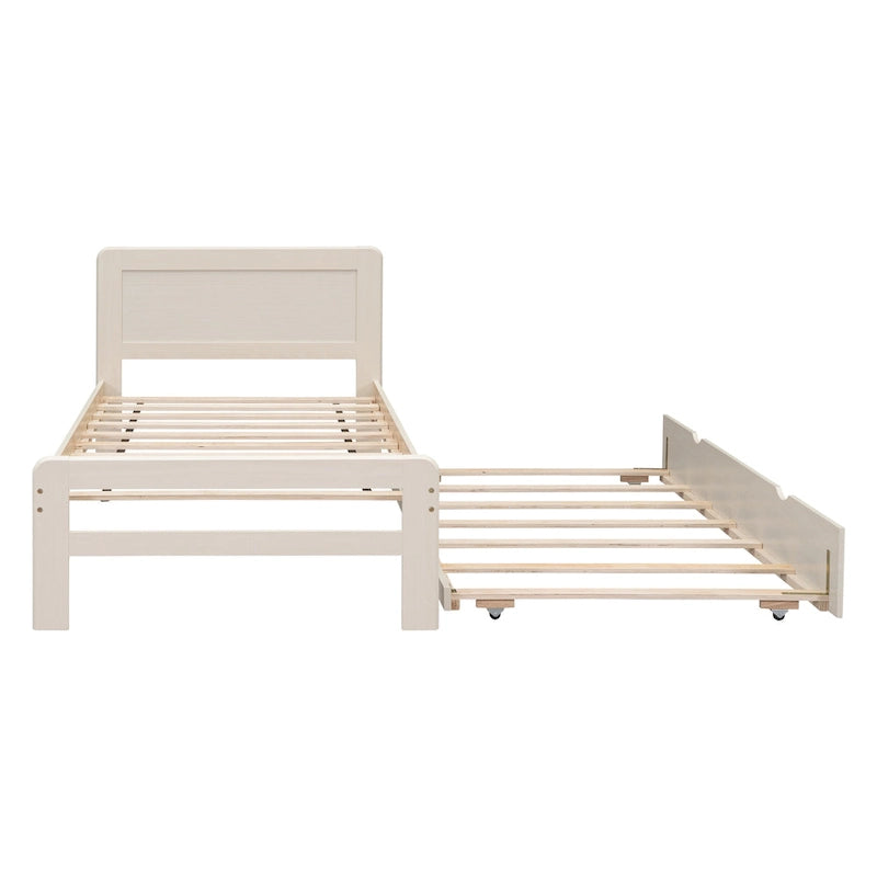 Lit plateforme double blanc en bois massif avec lit gigogne et tête de lit moderne en bois