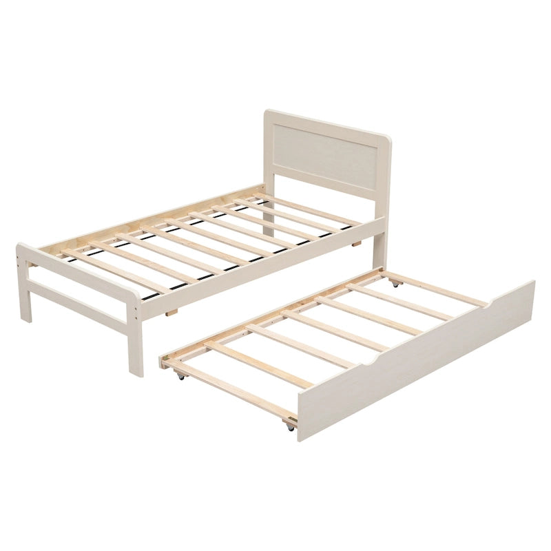 Lit plateforme double blanc en bois massif avec lit gigogne et tête de lit moderne en bois