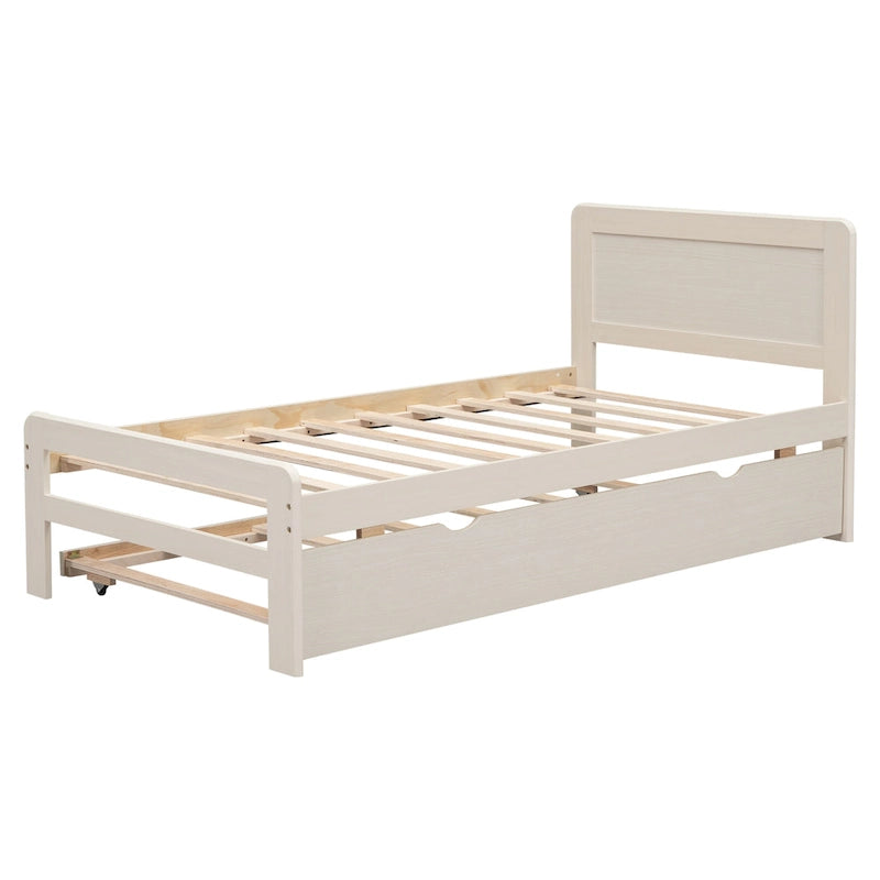 Lit plateforme double blanc en bois massif avec lit gigogne et tête de lit moderne en bois