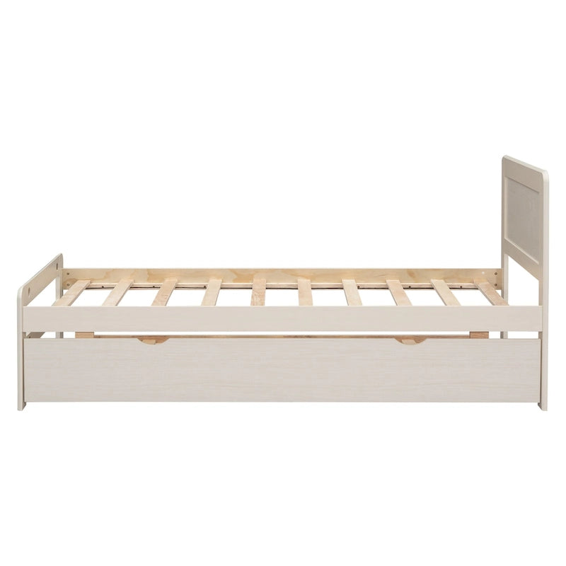 Lit plateforme double blanc en bois massif avec lit gigogne et tête de lit moderne en bois