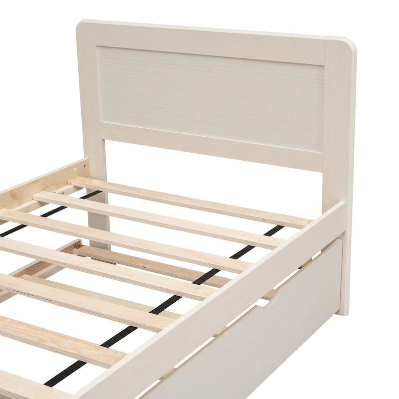 Lit plateforme double blanc en bois massif avec lit gigogne et tête de lit moderne en bois