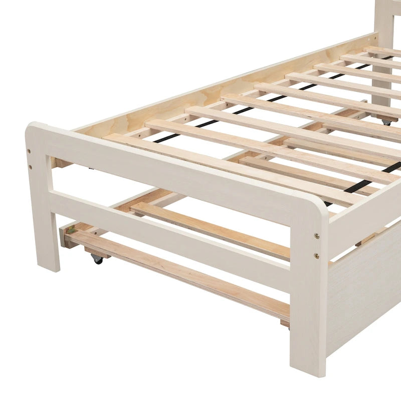 Lit plateforme double blanc en bois massif avec lit gigogne et tête de lit moderne en bois