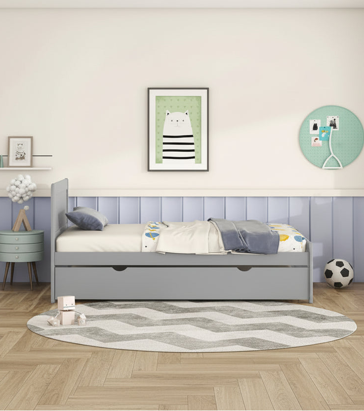 Grey Twin Platform Bed Frame in Solid Wood with Trundle and Modern Wood Headboard