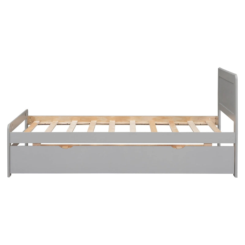 Cadre de Lit Jumeau Gris en Bois Massif avec Lit Gigogne et Tête de Lit Moderne en Bois