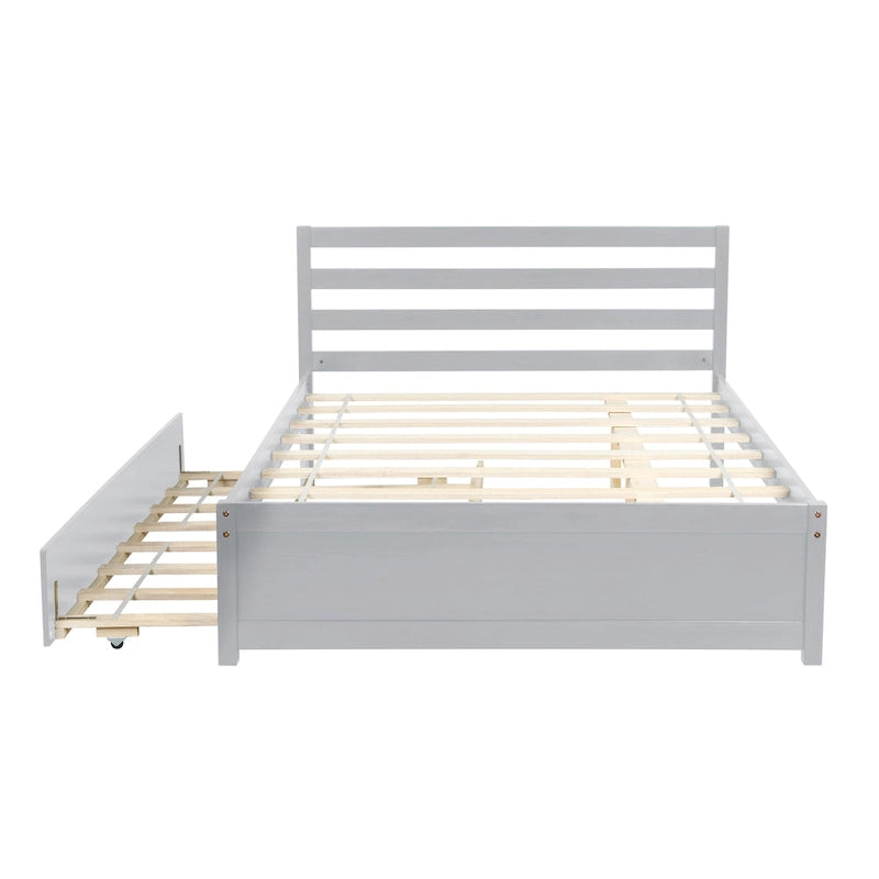 Cadre de lit plateforme pleine grandeur gris en bois avec tête de lit et lit gigogne double - Pas besoin de sommier tapissier, bois de pin durable, support à lattes