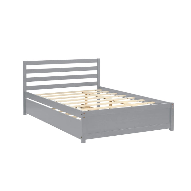 Cadre de lit plateforme pleine grandeur gris en bois avec tête de lit et lit gigogne double - Pas besoin de sommier tapissier, bois de pin durable, support à lattes