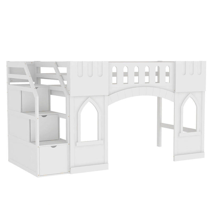 Lit mezzanine en bois massif avec escalier de rangement et fenêtre