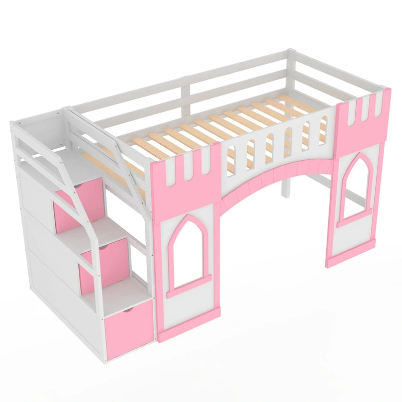 Lit mezzanine en bois massif avec escalier de rangement et fenêtre