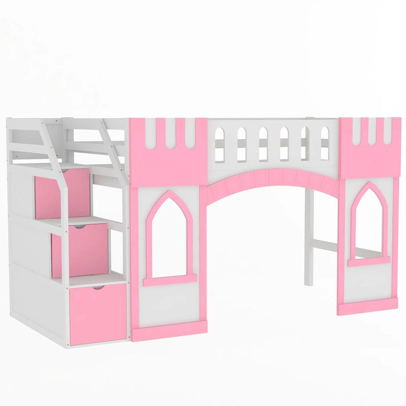 Lit mezzanine en bois massif avec escalier de rangement et fenêtre