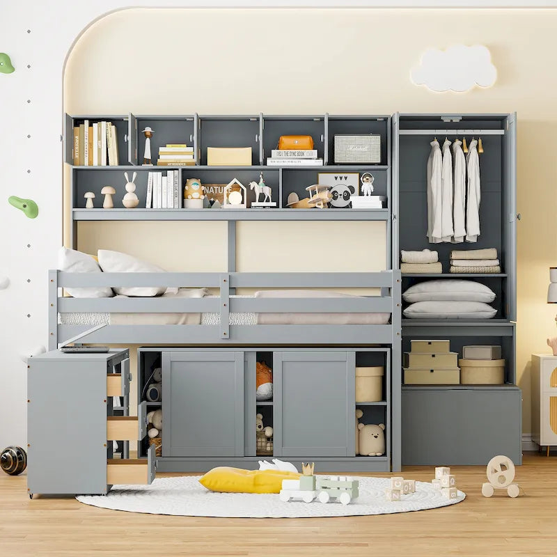 Lit mezzanine gris en bois pleine grandeur avec armoire intégrée, bureau sous le lit, tiroirs et étagères