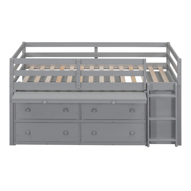 Lit mezzanine gris en bois massif pour une personne avec bureau coulissant, 4 tiroirs, bureau latéral portable et étagères