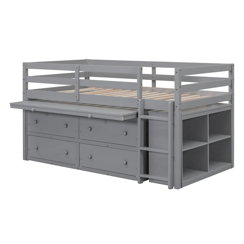Lit mezzanine gris en bois massif pour une personne avec bureau coulissant, 4 tiroirs, bureau latéral portable et étagères